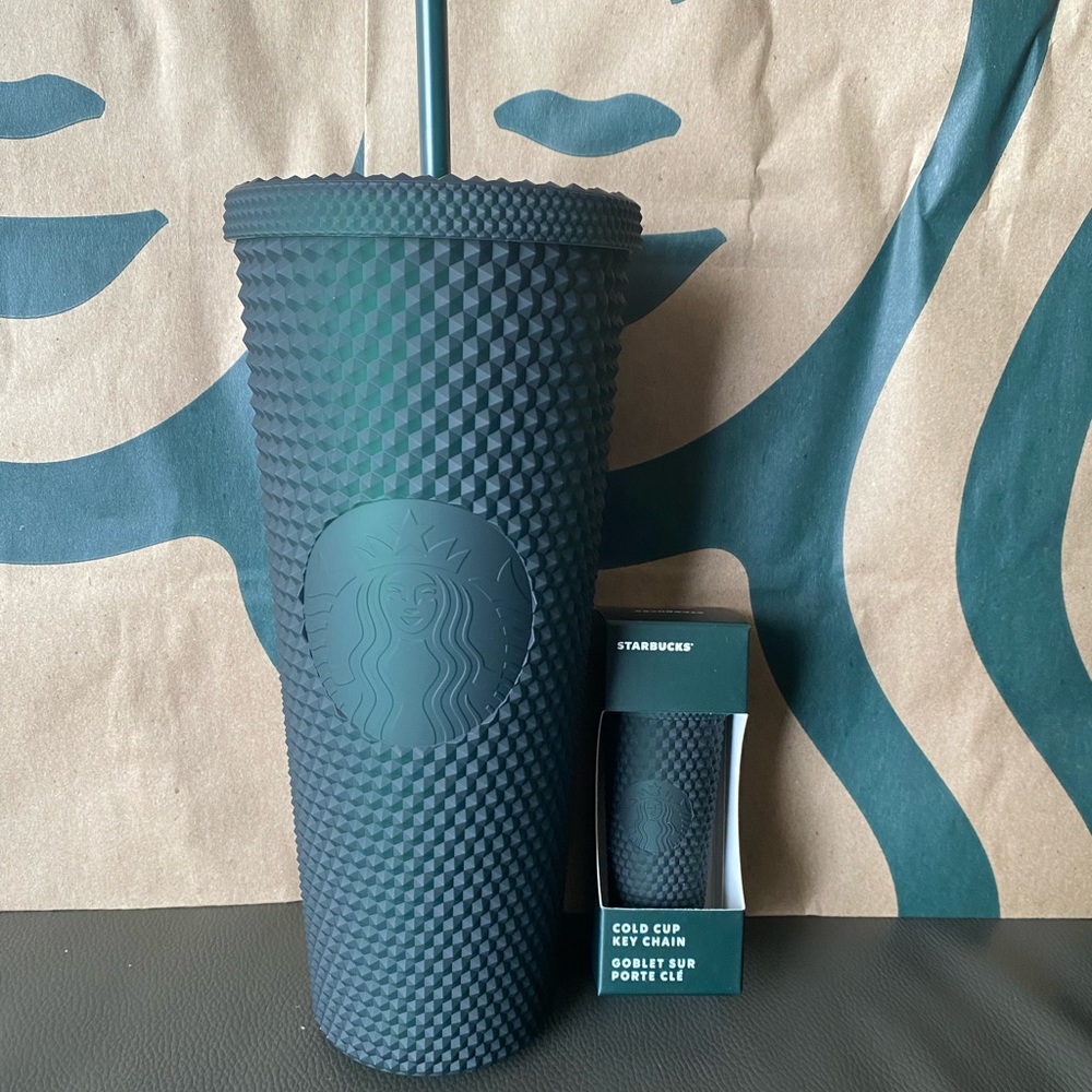 Starbucks Tumbler Dark Green Matte  Studded Cup and Key Chain Set